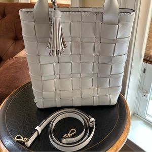 Leather Michael Korda tote with long strap .  Never used .  Weave pattern .